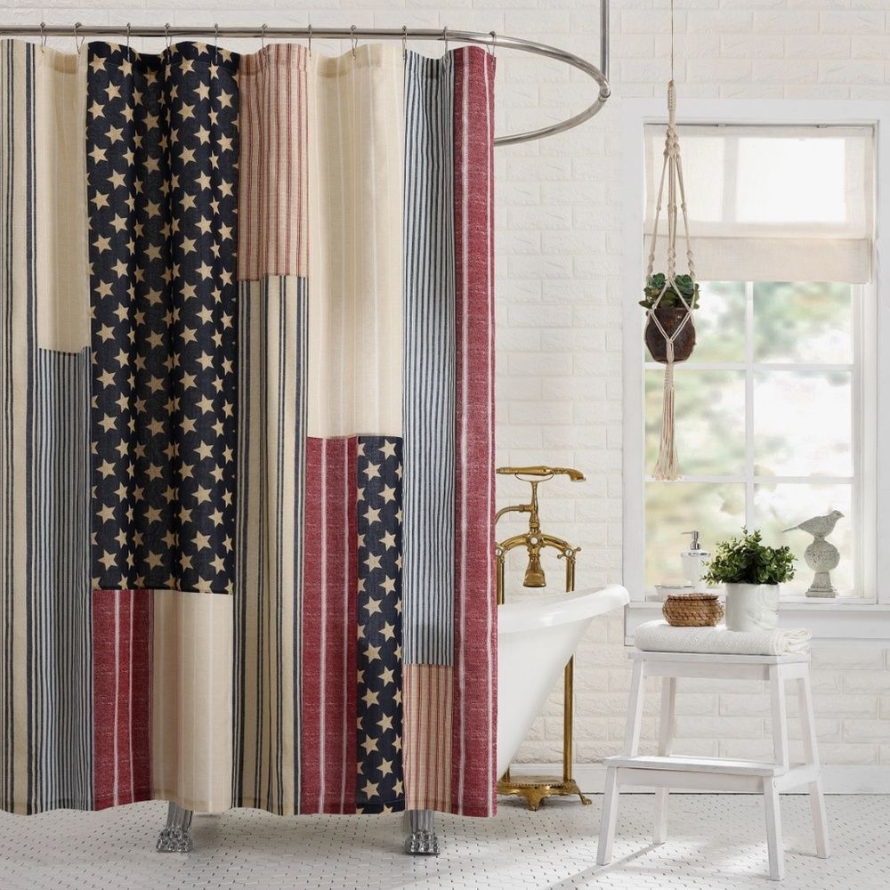 Americana Stars Stripes 100% Cotton Fabric Shower Curtain Farmhouse Cottagecore